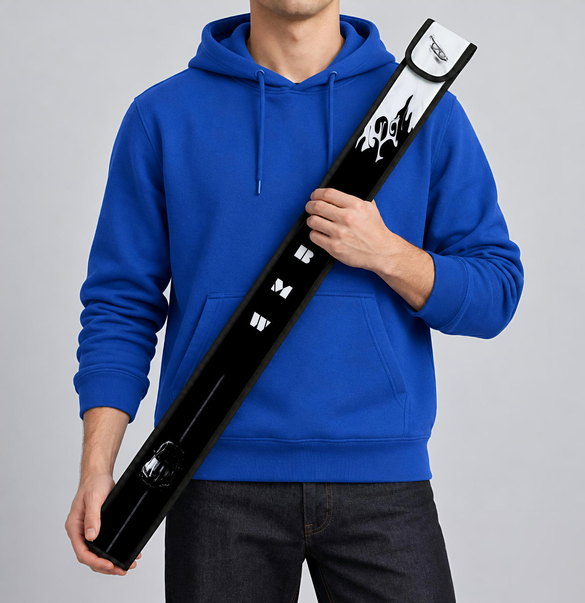 BMW M Black T-Ruler Cover held against a blue hoodie