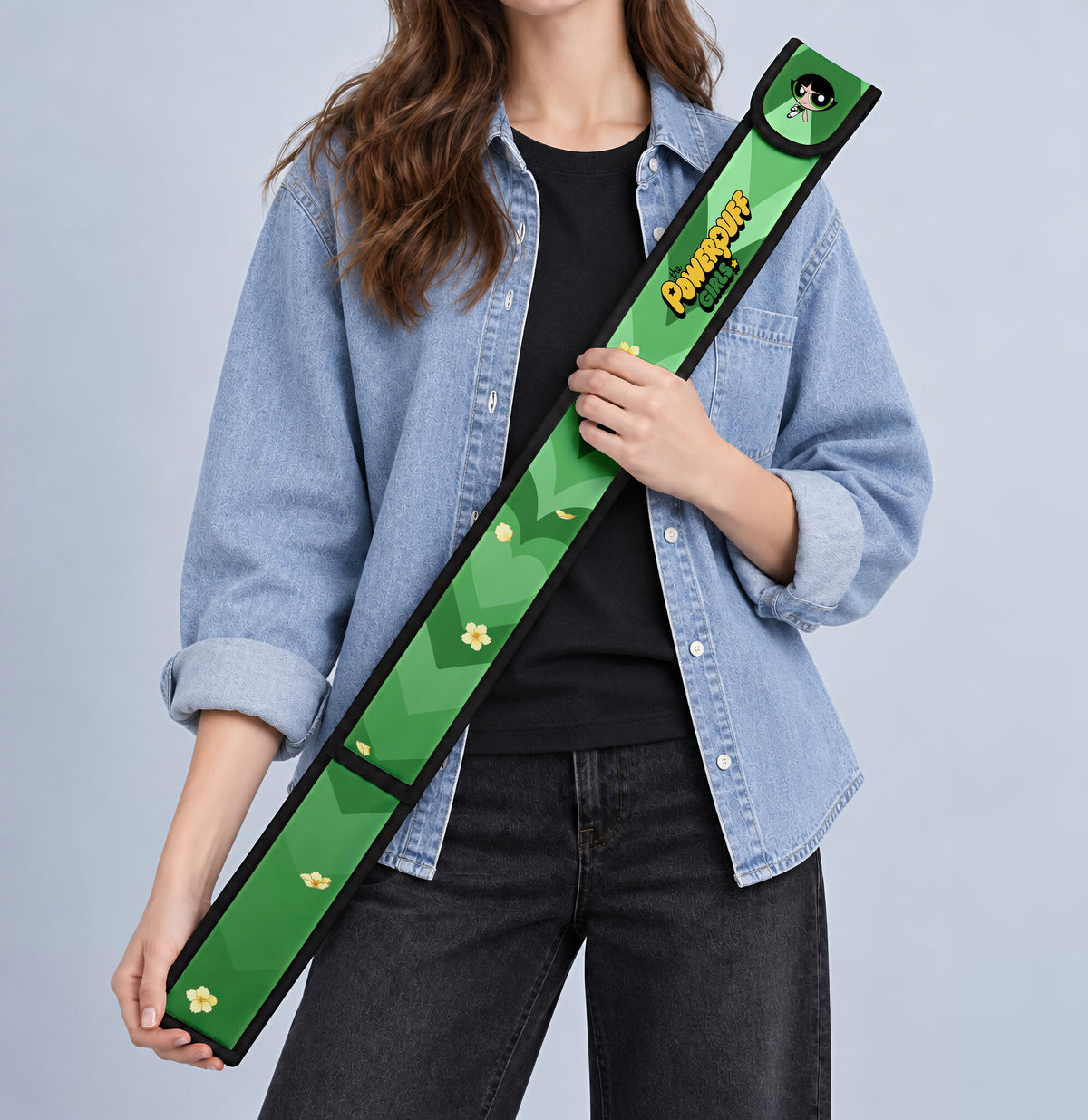 Buttercup T-Ruler Cover held against a denim jacket