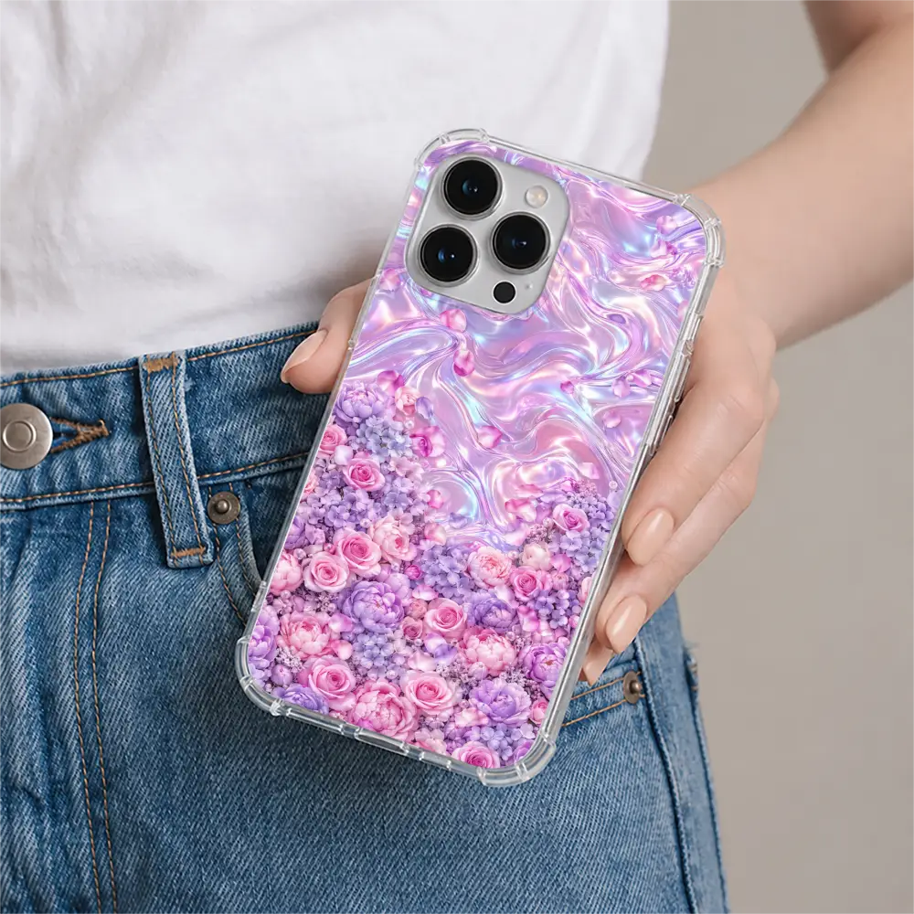 Iridescent Bloom phone case in hand